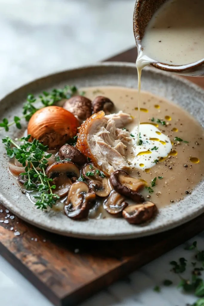 Bowl of rotisserie chicken mushroom soup garnished with herbs
