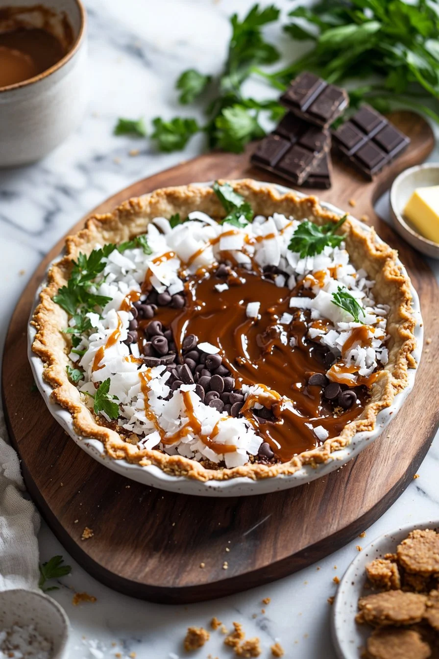 Samoas Pie featuring chocolate, coconut, and caramel layers