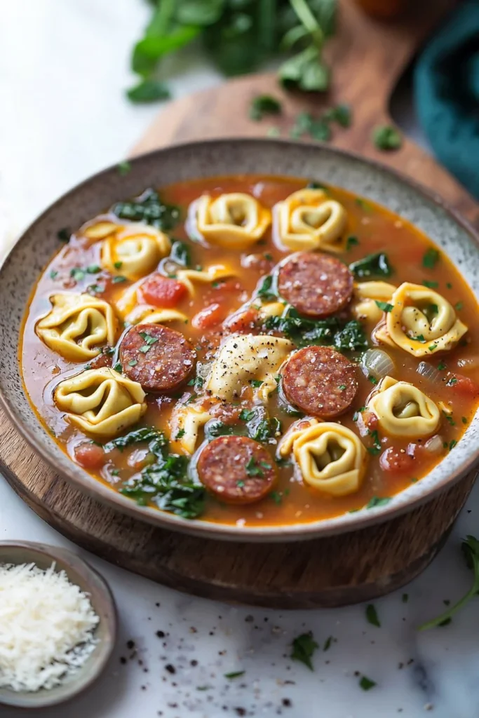 Bowl of sausage tortellini soup with fresh herbs and vegetables