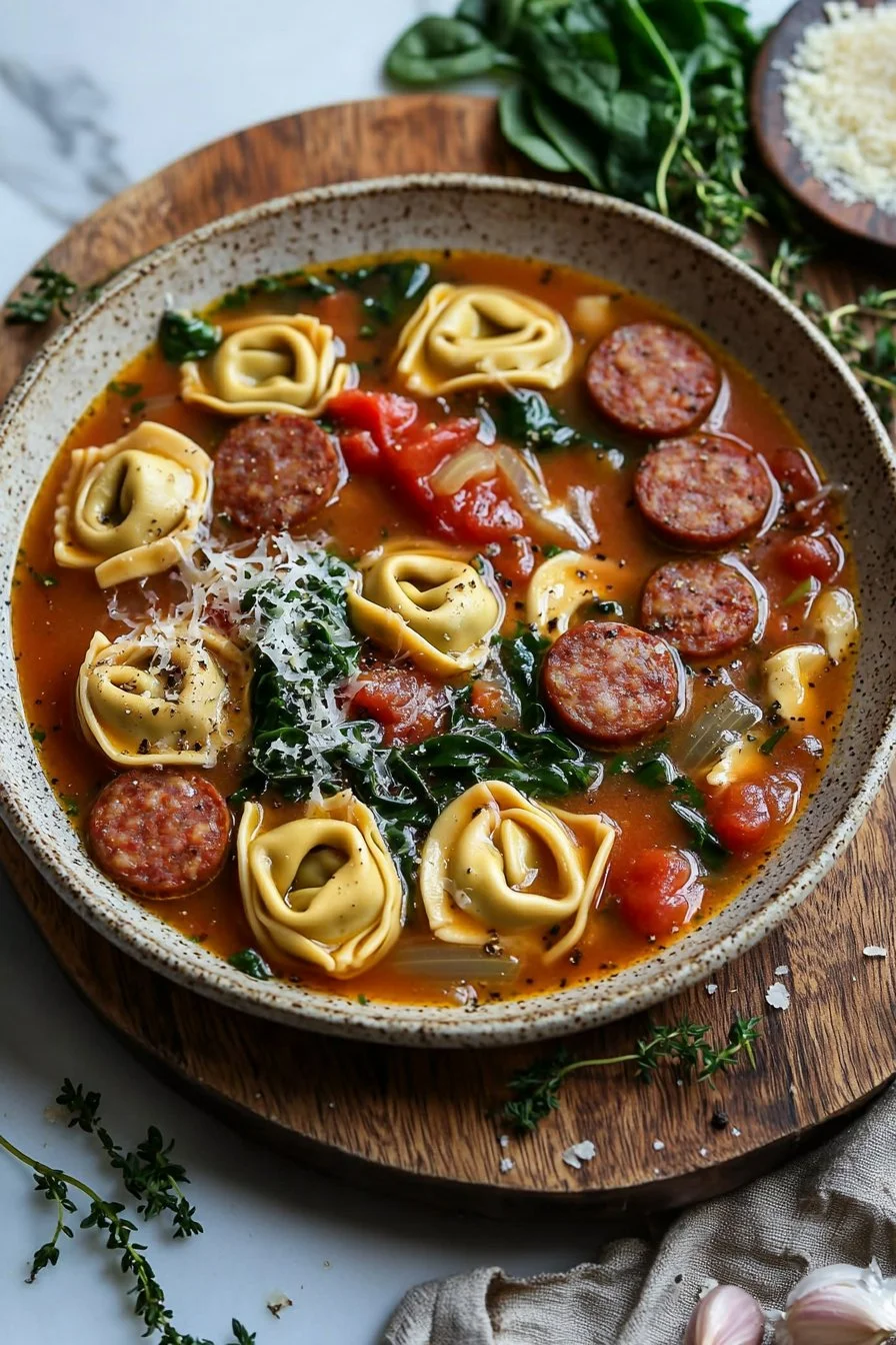 Bowl of Sausage Tortellini Soup garnished with herbs and cheese