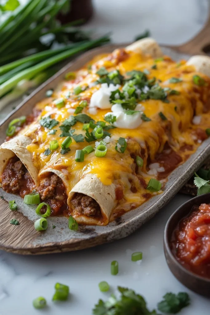 Sausage breakfast enchilada topped with cheese and green onions