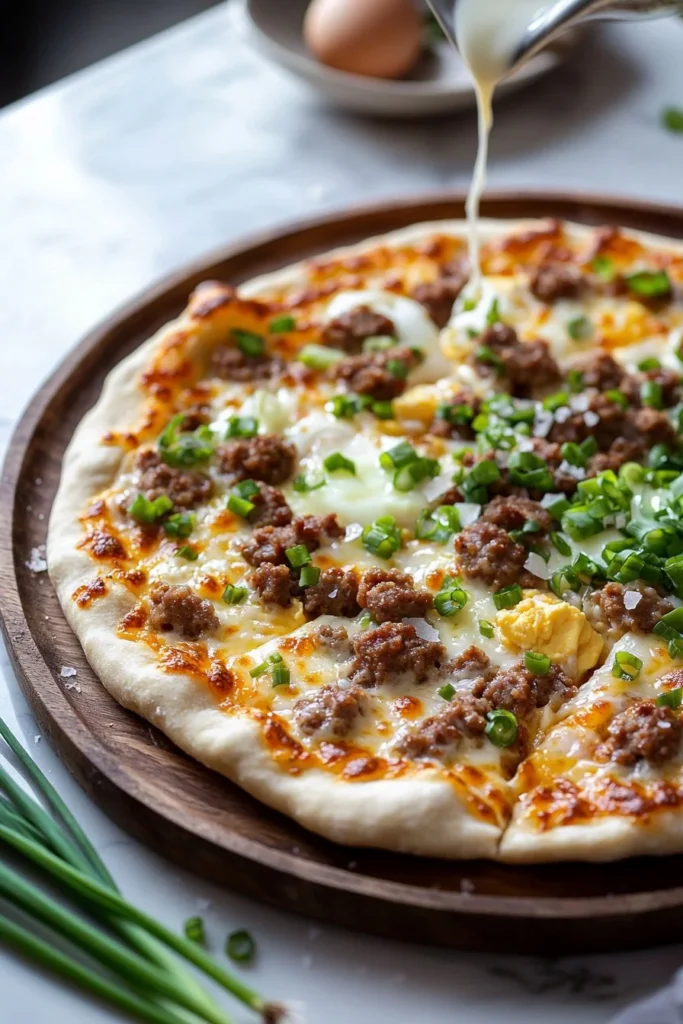 Sausage Breakfast Pizza with fresh toppings and crispy crust.