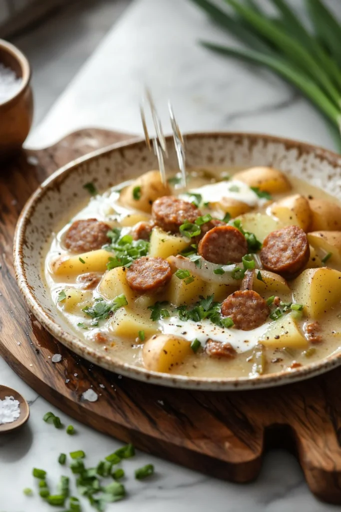 Bowl of delicious Sausage Potato Soup garnished with herbs and served with bread.