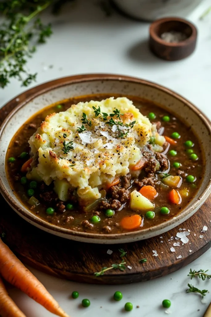 Bowl of hearty Shepherd's Pie Soup with vegetables and meat