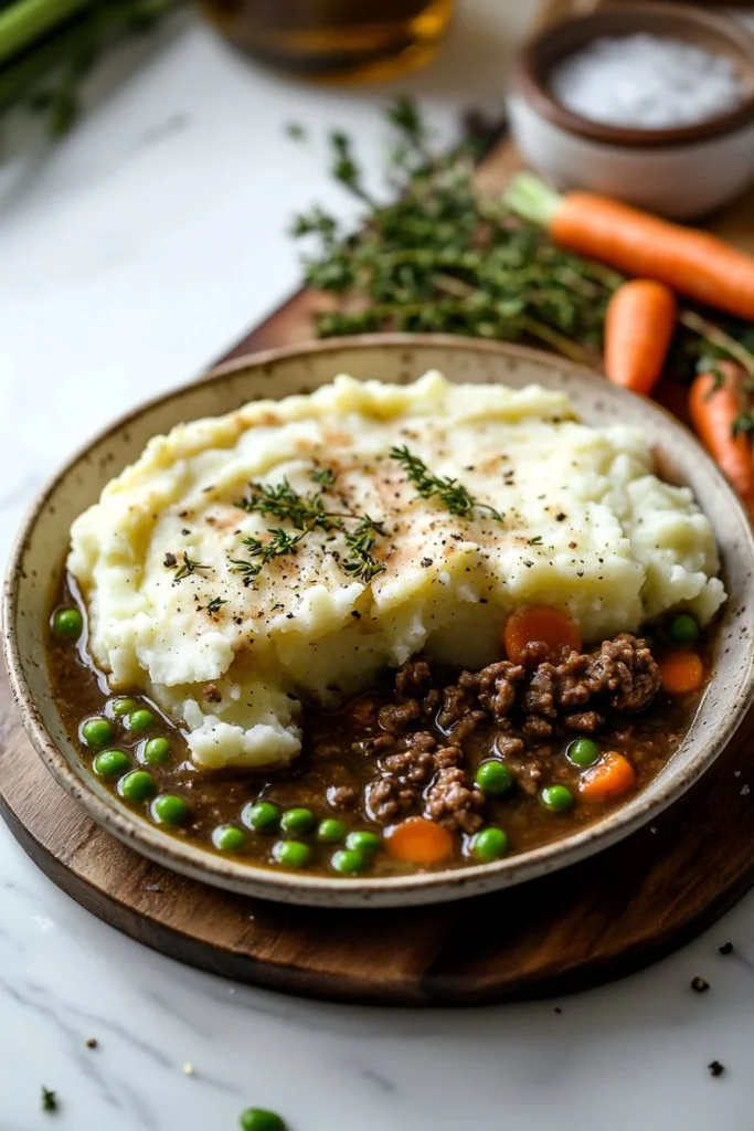Bowl of hearty Shepherd's Pie Soup topped with herbs and served with crusty bread.