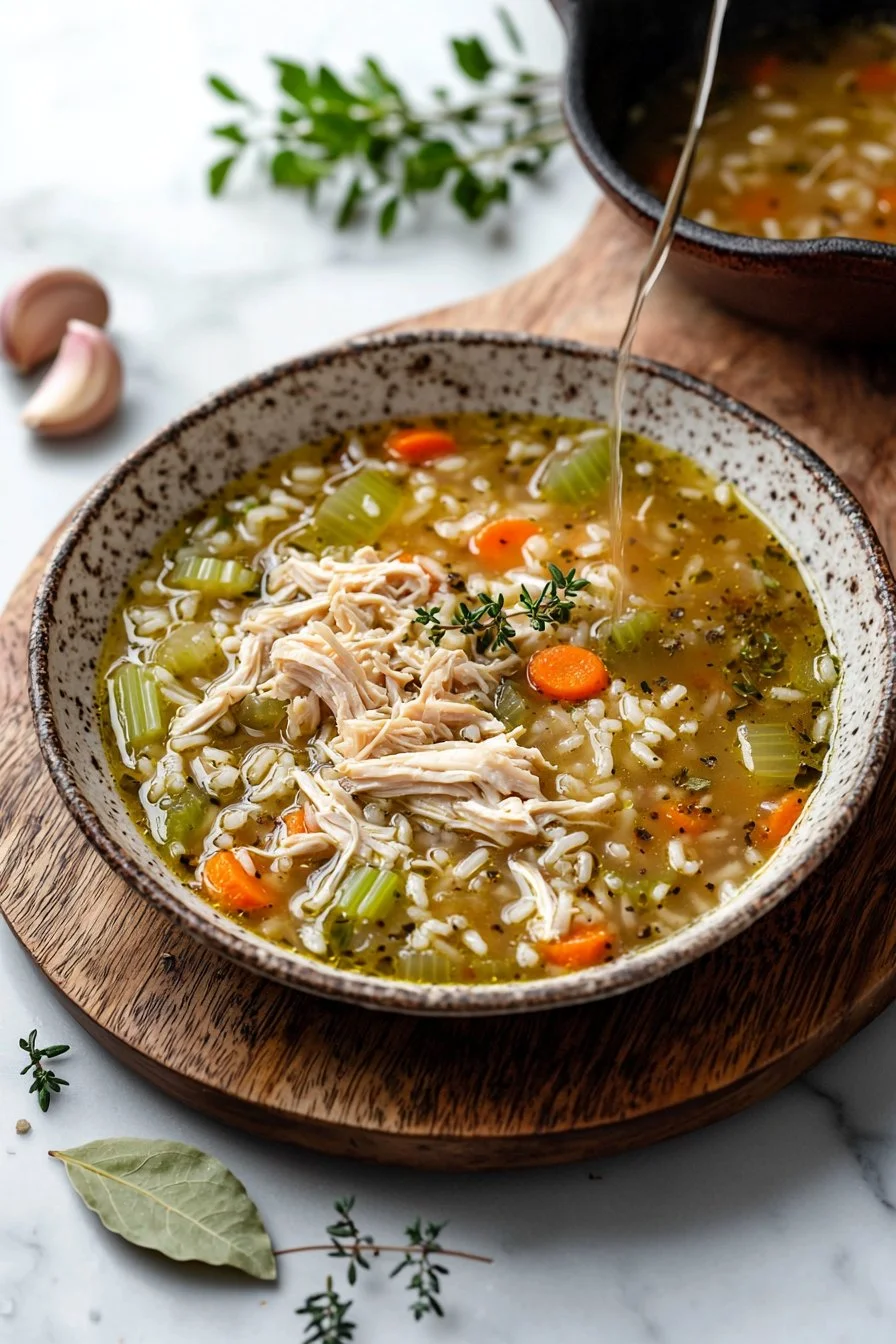 Bowl of simple chicken and rice soup with fresh herbs and vegetables