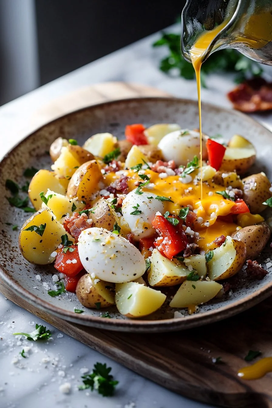 Delicious loaded breakfast skillet with eggs, potatoes, and veggies