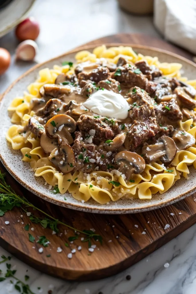 Delicious slow cooker beef stroganoff served with noodles