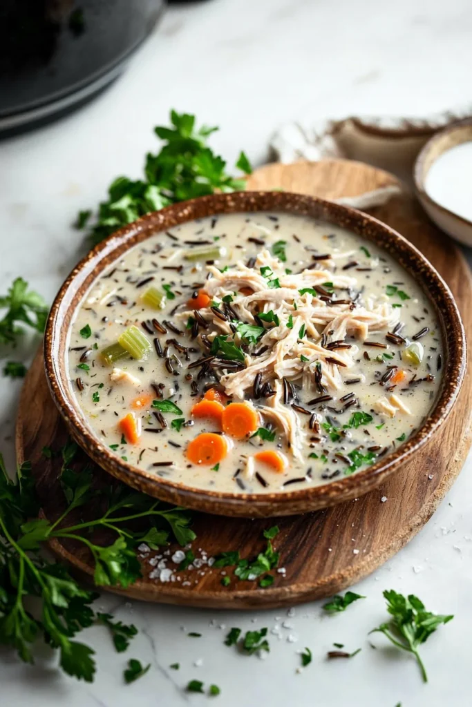 Bowl of Slow Cooker Chicken and Wild Rice Soup garnished with herbs