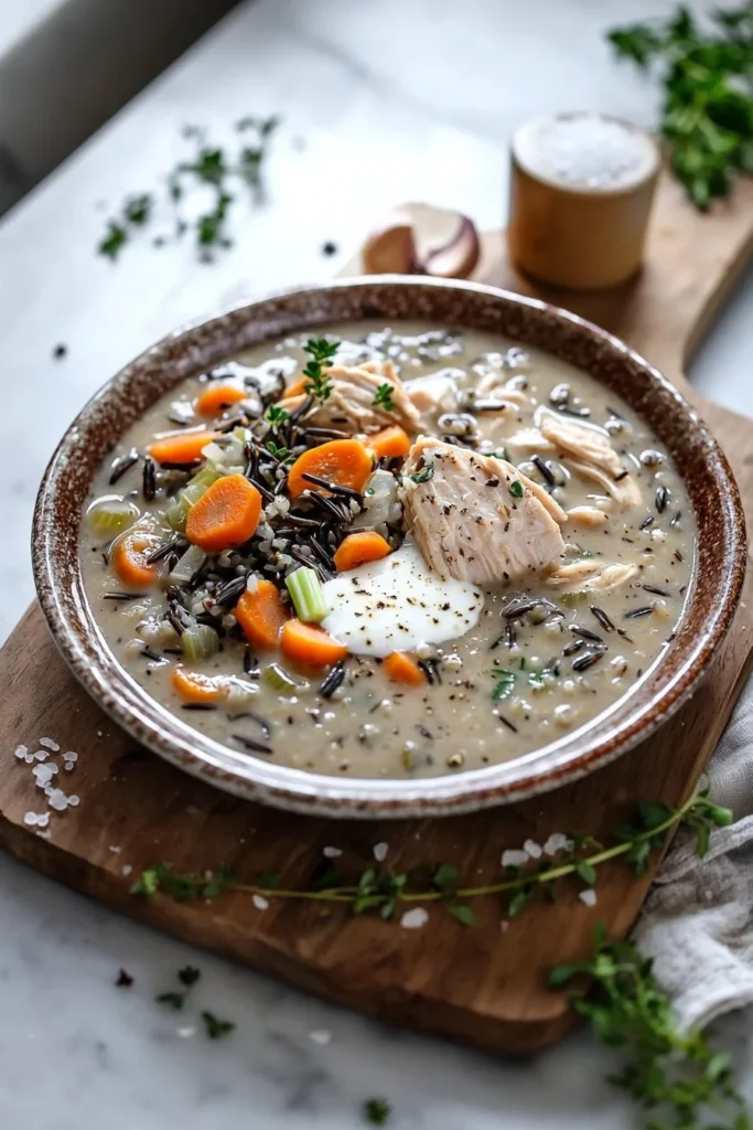 Bowl of slow cooker chicken soup with wild rice and vegetables