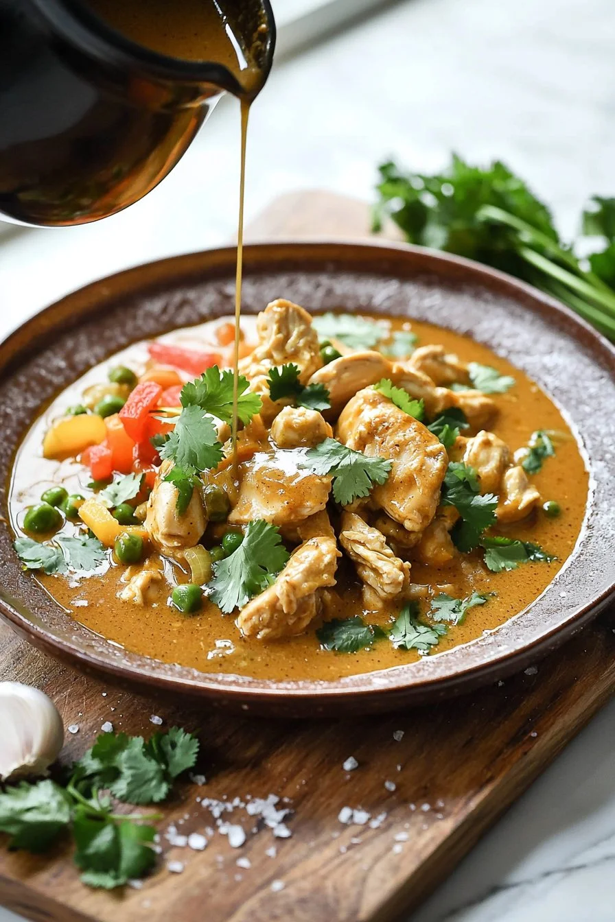 Bowl of creamy Slow Cooker Chicken Curry served with rice and spices