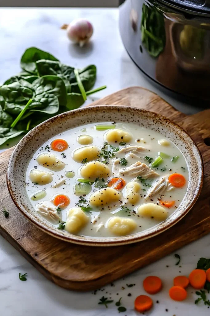 Bowl of Slow Cooker Chicken Gnocchi Soup topped with herbs and spices