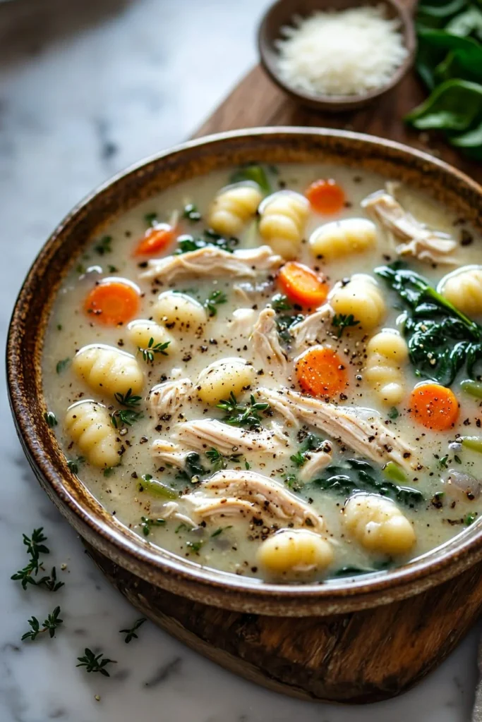 Bowl of homemade Slow Cooker Chicken Gnocchi Soup with fresh herbs