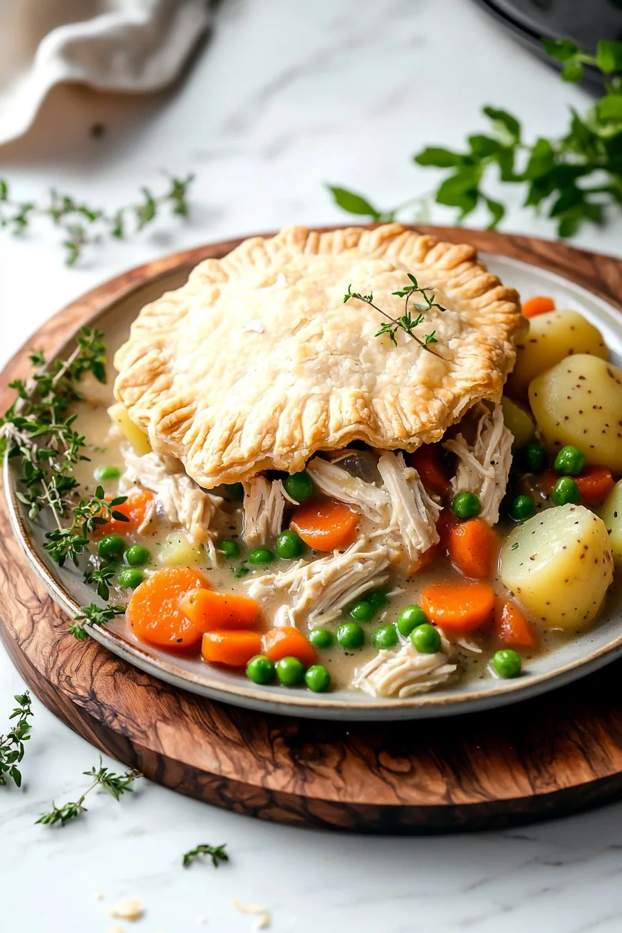 Slow Cooker Chicken Pot Pie with vegetables and flaky crust in a bowl
