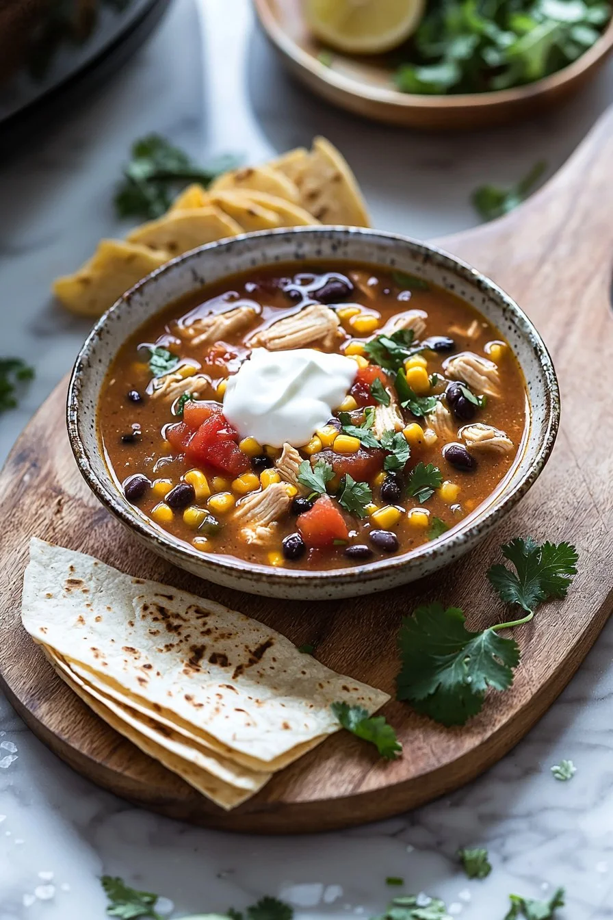 Bowl of slow cooker chicken tortilla soup with tortilla strips and garnishes