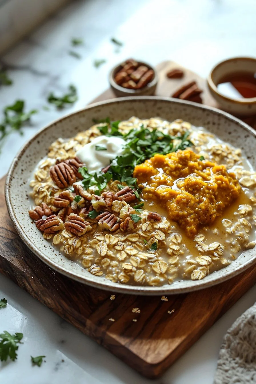 Bowl of slow cooker pumpkin pie oatmeal topped with spices and nuts