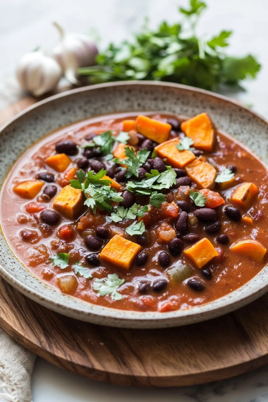 Bowl of slow cooker sweet potato chili with toppings