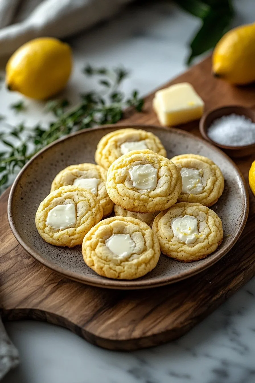 Soft and chewy lemon cookies on a baking sheet with lemon slices