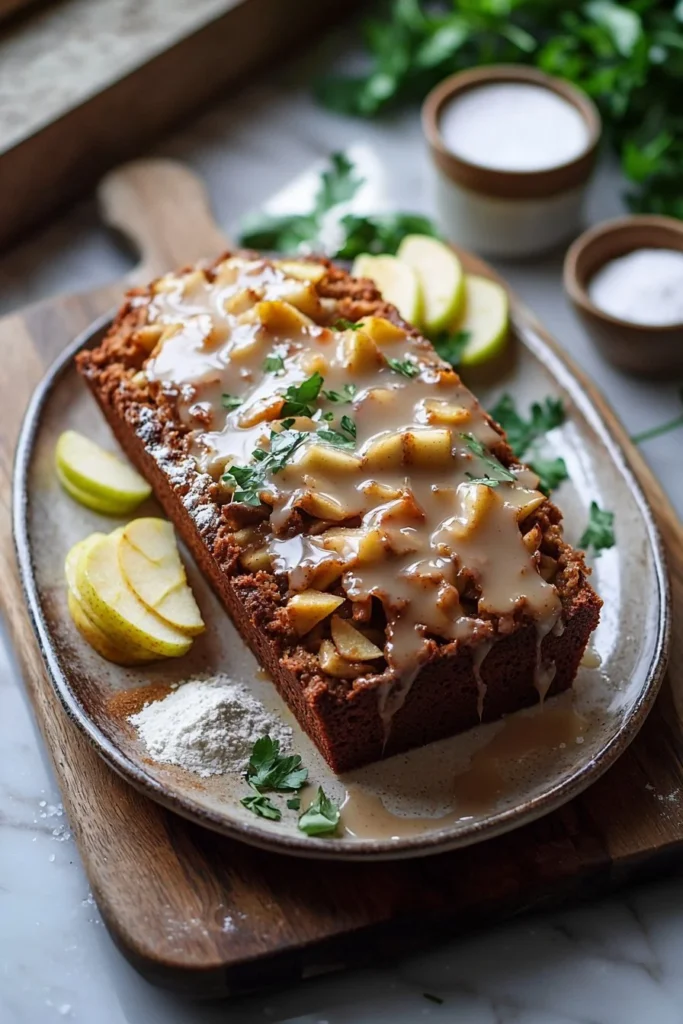 Delicious spiced apple fritter bread with chunks of apple and a light glaze