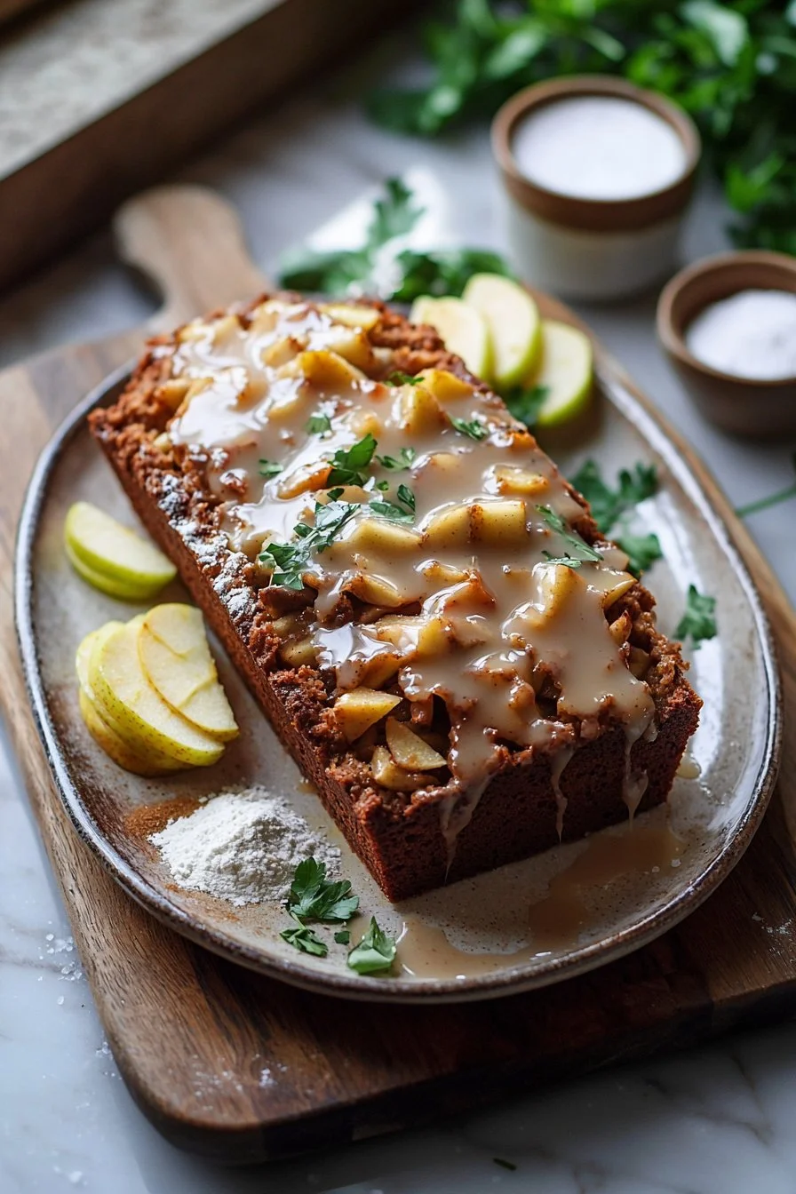 Delicious spiced apple fritter bread with chunks of apple and a light glaze