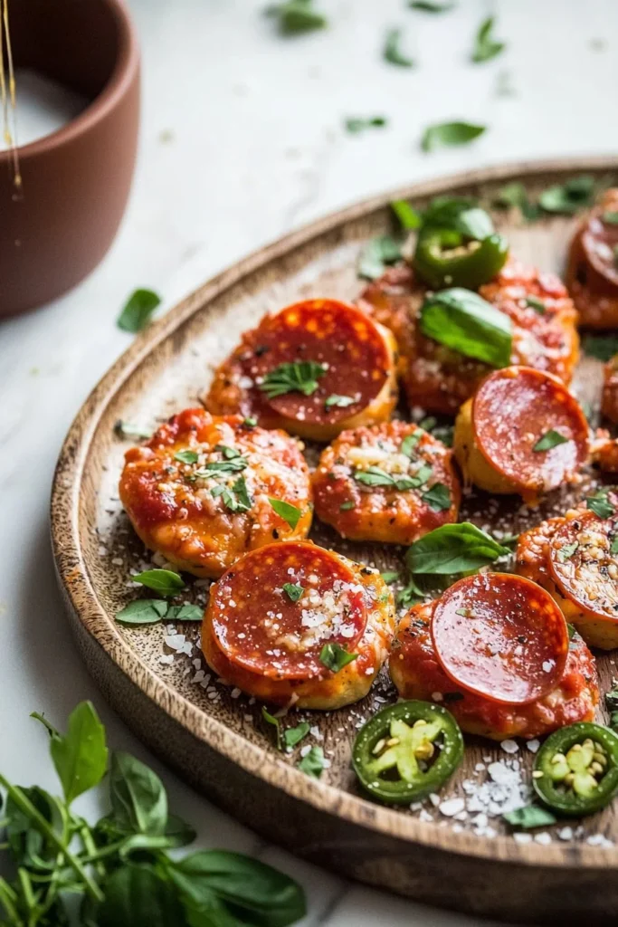 Delicious spicy appetizer pizza bites served on a platter