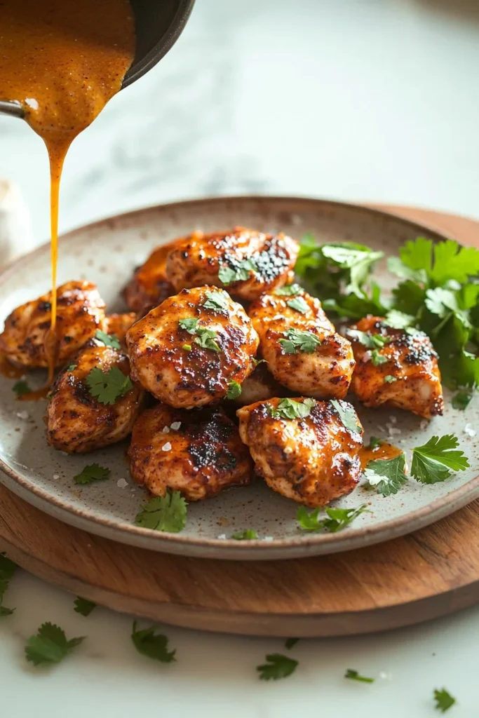 Spicy chipotle breakfast chicken bites served on a white plate