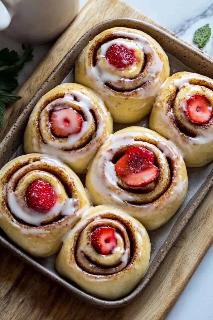 Freshly baked strawberry cinnamon rolls with cream cheese icing