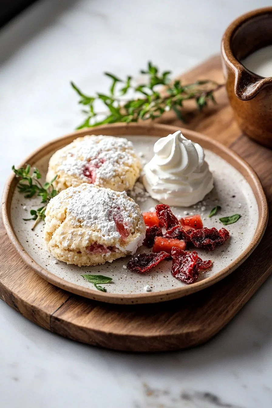 A plate of Strawberry Crunch Shortcake Cookies with fresh strawberries on the side.
