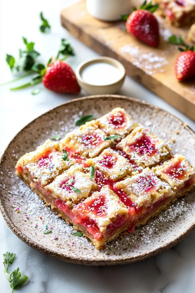 Delicious Strawberry Pop Tart Cookie Bars ready for serving