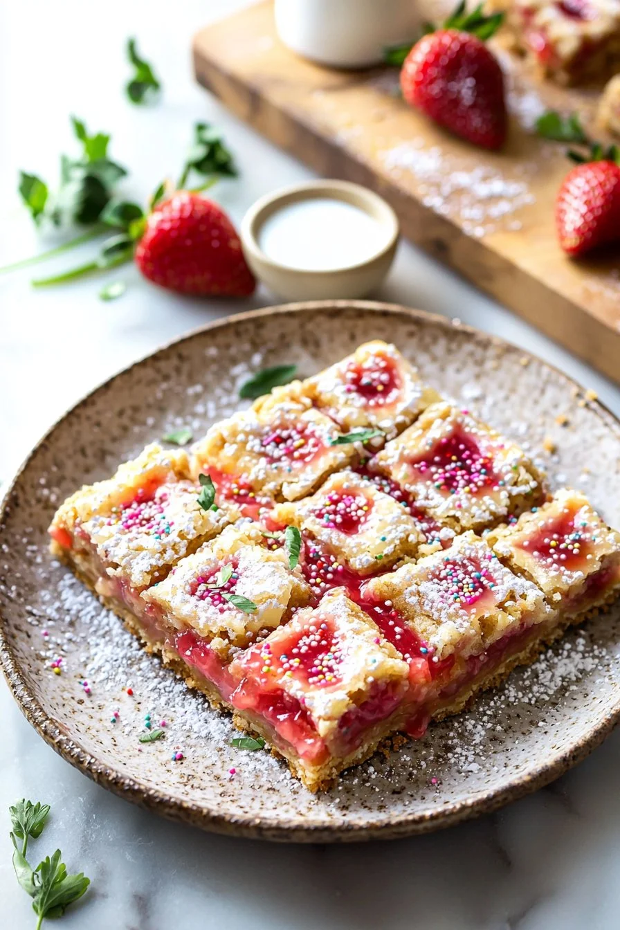 Delicious Strawberry Pop Tart Cookie Bars ready for serving