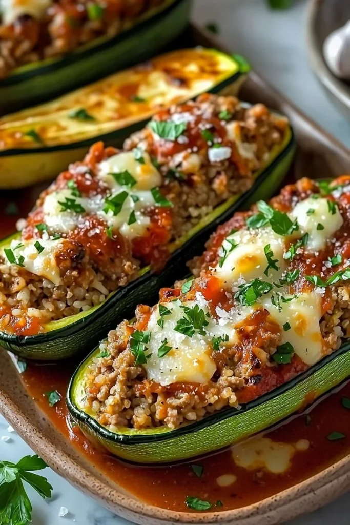 Delicious stuffed zucchini filled with herbs and spices on a plate