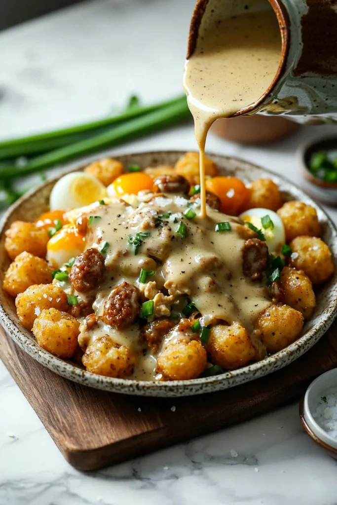 Tater Tot Breakfast Bowl with Chicken Sausage Gravy served in a rustic dish
