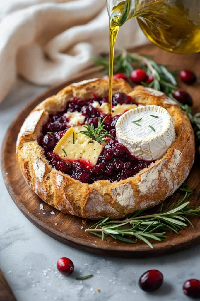 Tear-Apart Cranberry Brie Bread Bowl featuring gooey brie and cranberry filling.