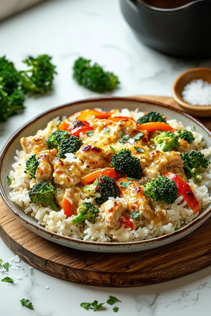 Delicious teriyaki chicken casserole topped with green onions in a baking dish.