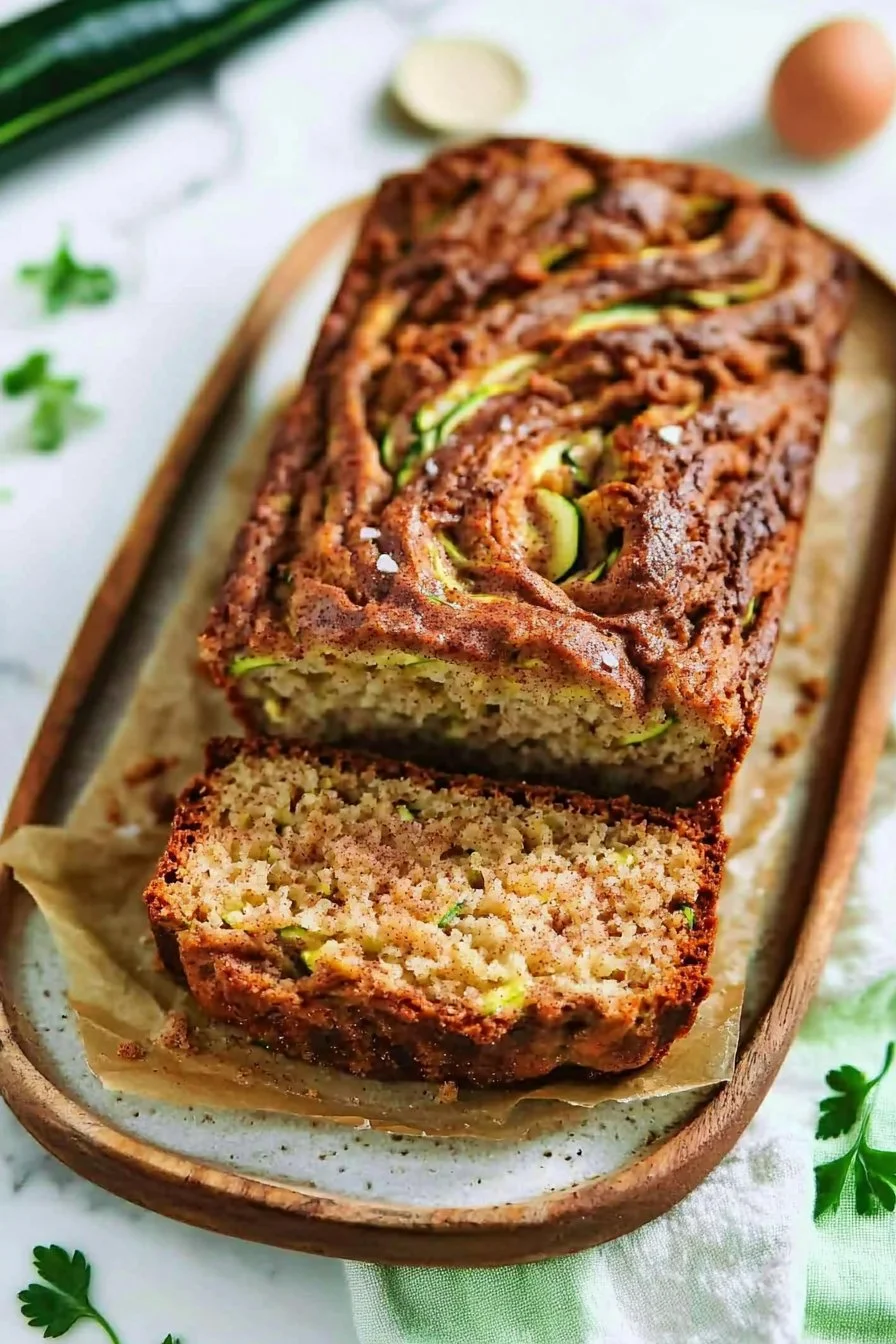 Loaf of the best cinnamon swirl zucchini bread showcasing swirls of cinnamon