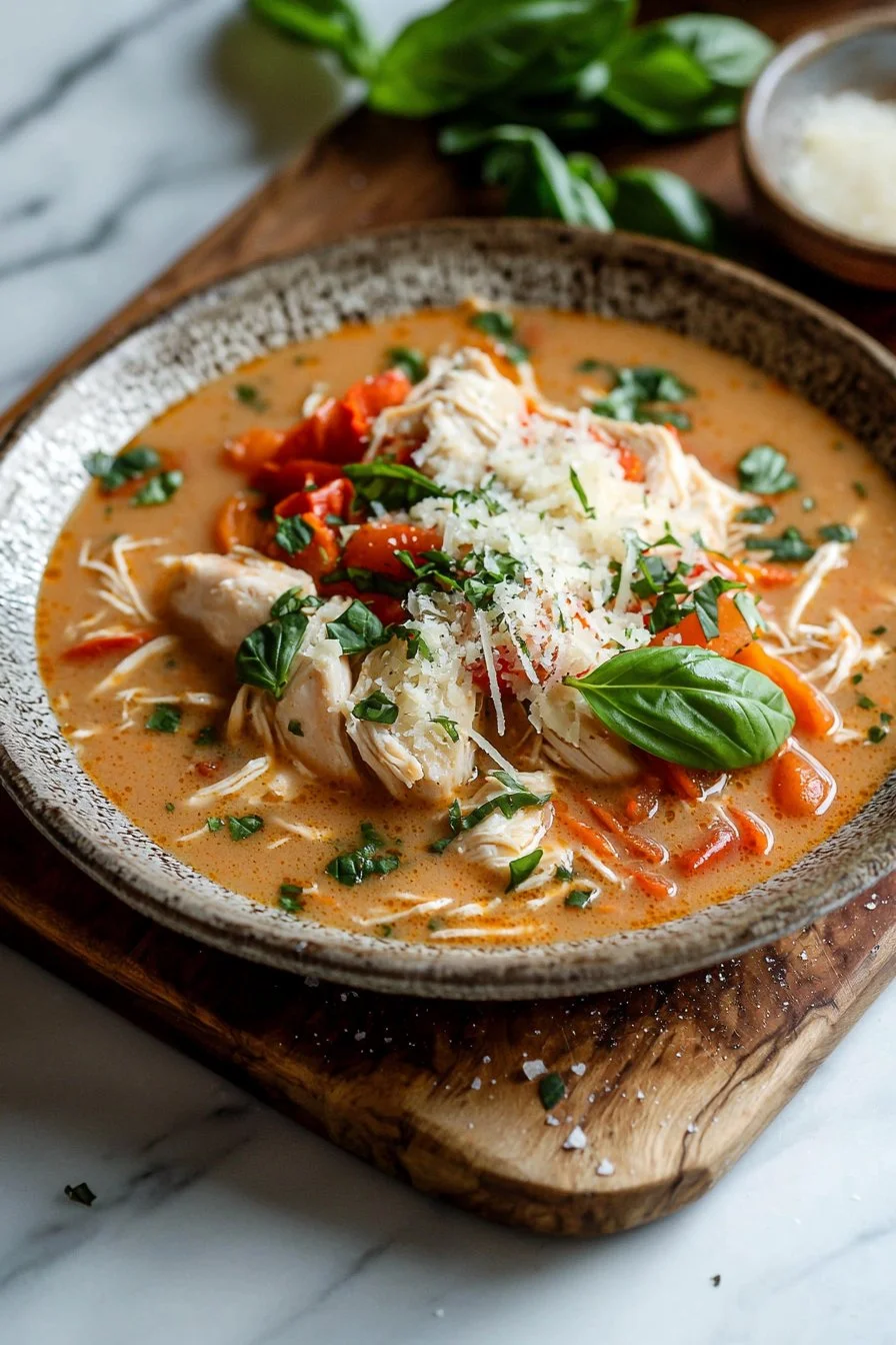 A hearty bowl of crockpot chicken parmesan soup garnished with herbs.