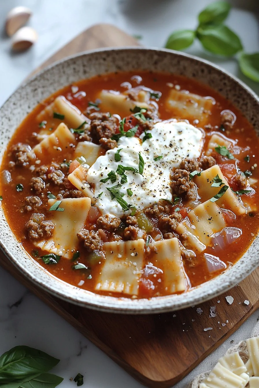 Delicious bowl of homemade lasagna soup topped with cheese and herbs.