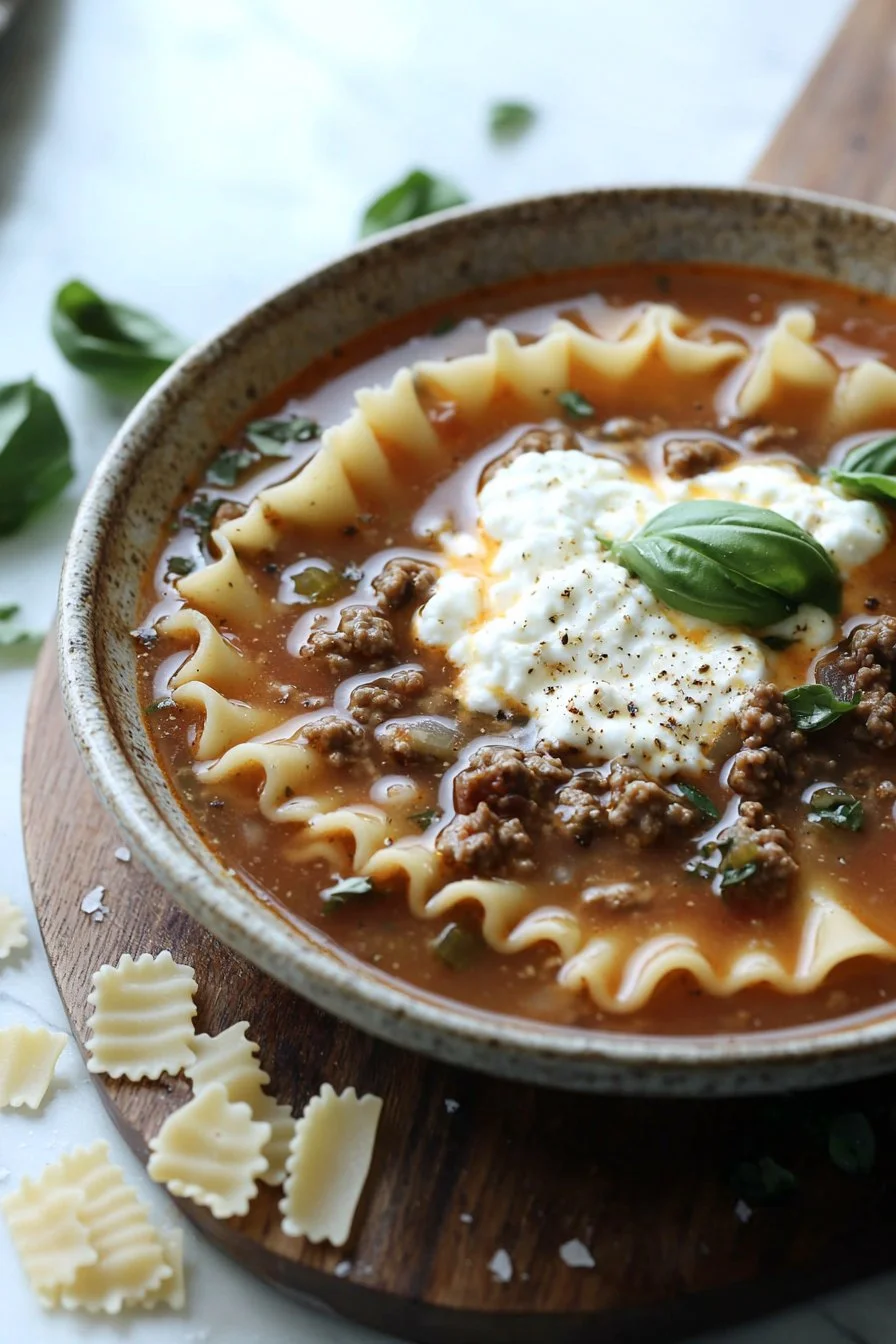 A bowl of hearty and delicious lasagna soup topped with fresh herbs.