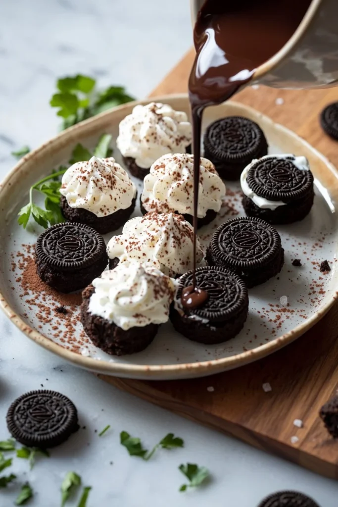 Delicious Oreo cheesecake bites topped with crushed Oreos and creamy filling.