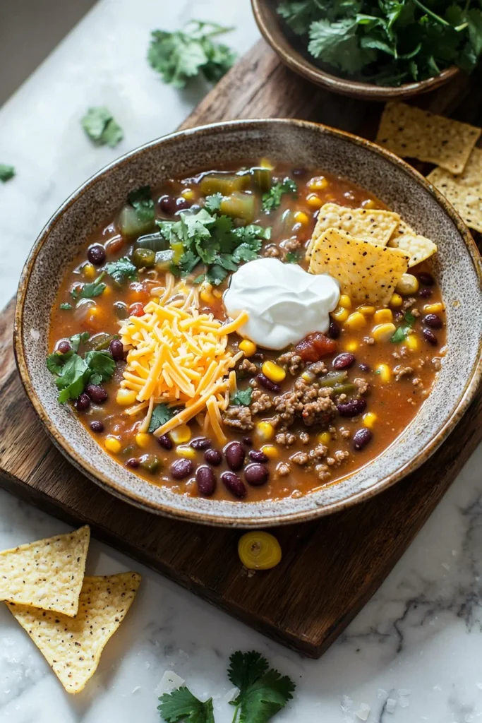 Bowl of hearty taco soup topped with cheese and cilantro
