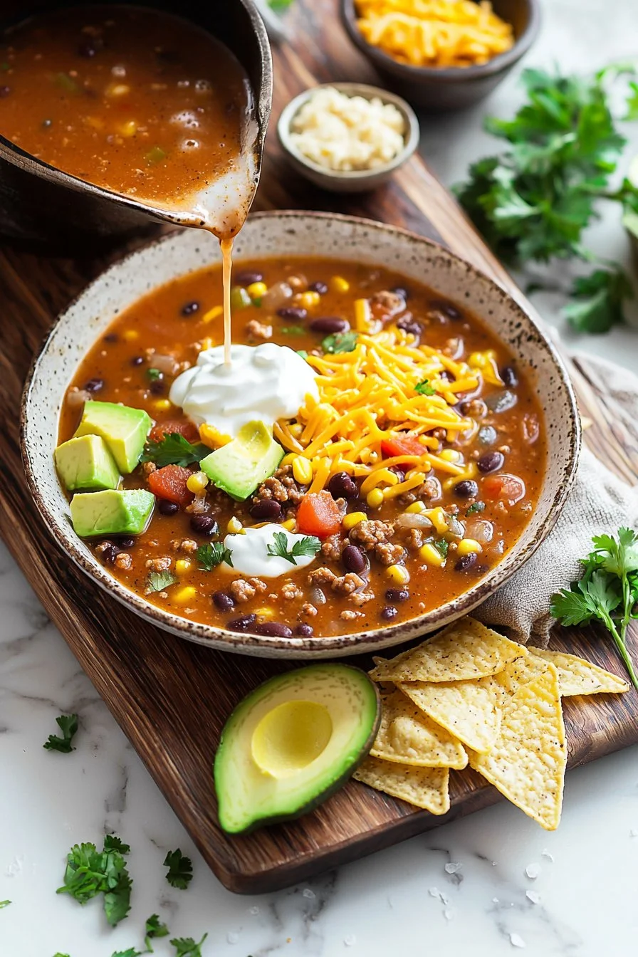 Delicious bowl of the best taco soup with toppings