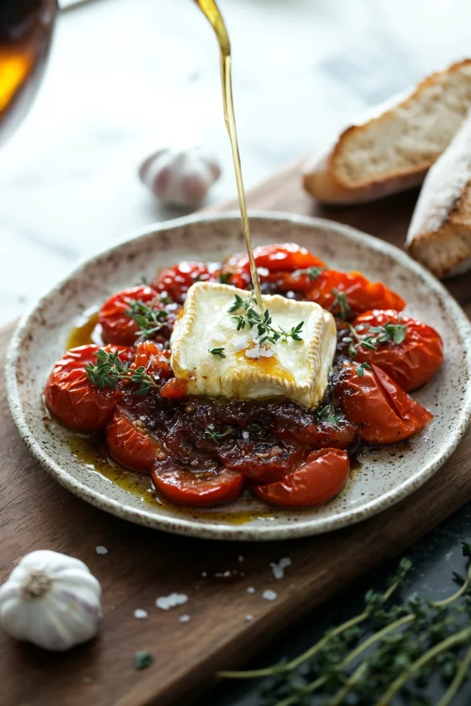 Tomato confit served with baked brie on a rustic wooden board