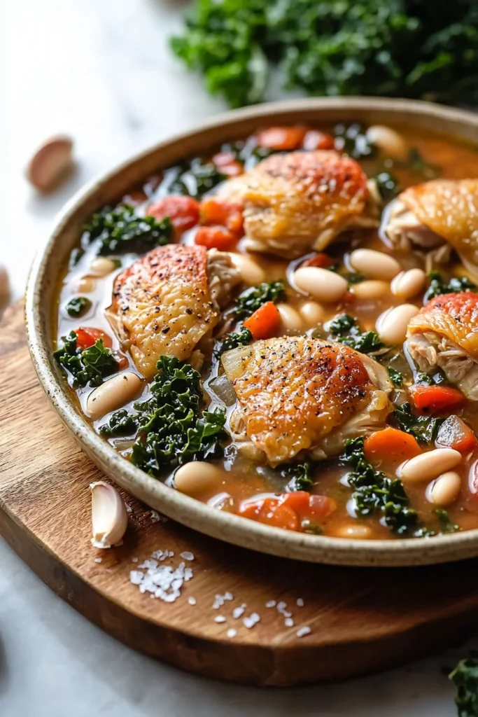 Delicious Tuscan Slow Cooker Chicken Stew in a bowl with fresh herbs.