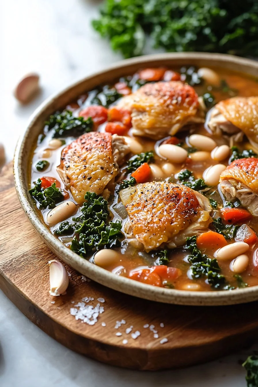 Delicious Tuscan Slow Cooker Chicken Stew in a bowl with fresh herbs.