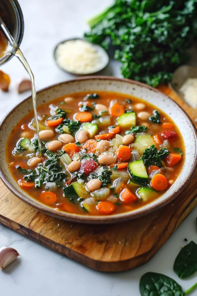 Bowl of hearty Tuscan Soup with fresh vegetables and beans