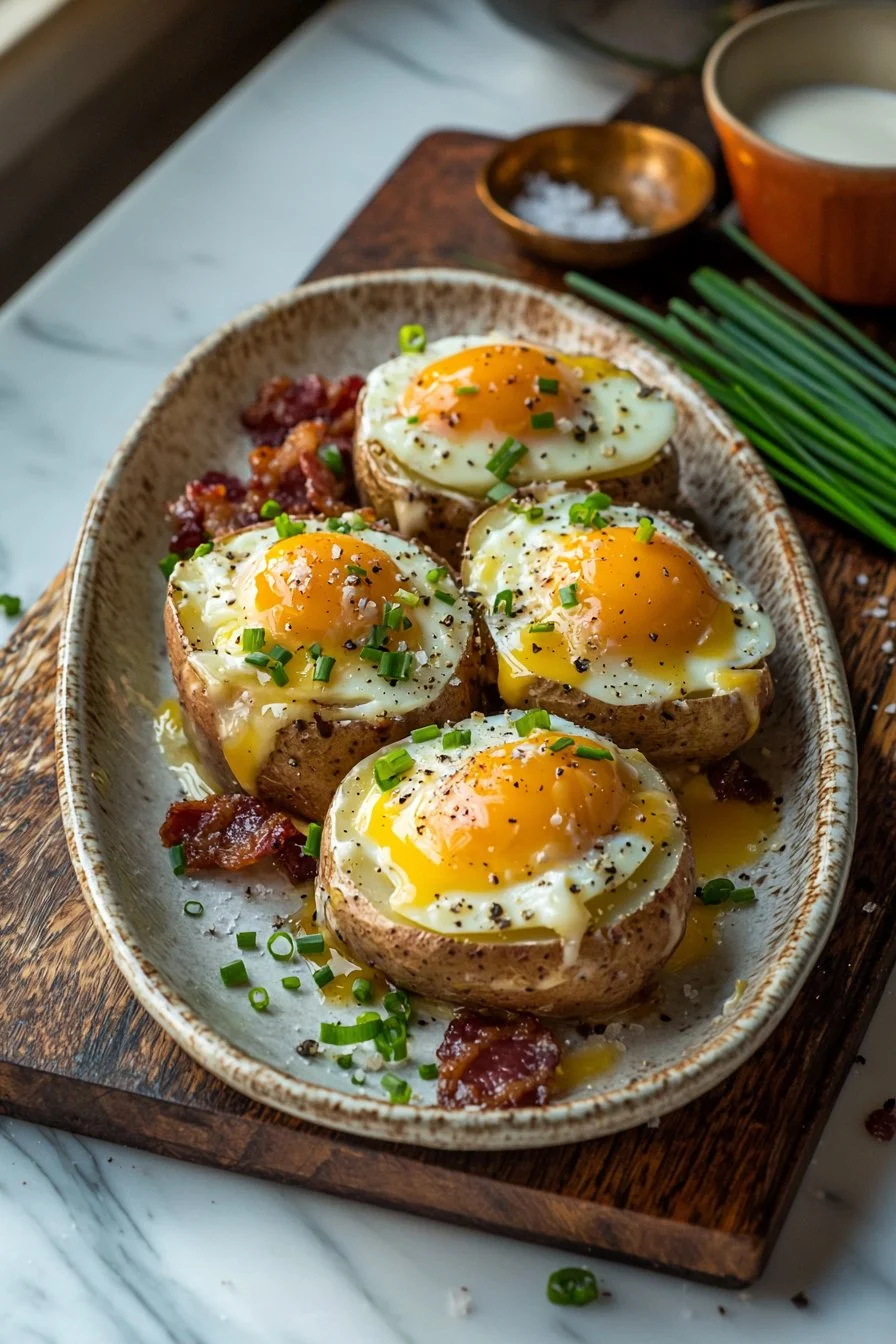Twice baked breakfast potatoes topped with cheese and herbs on a plate