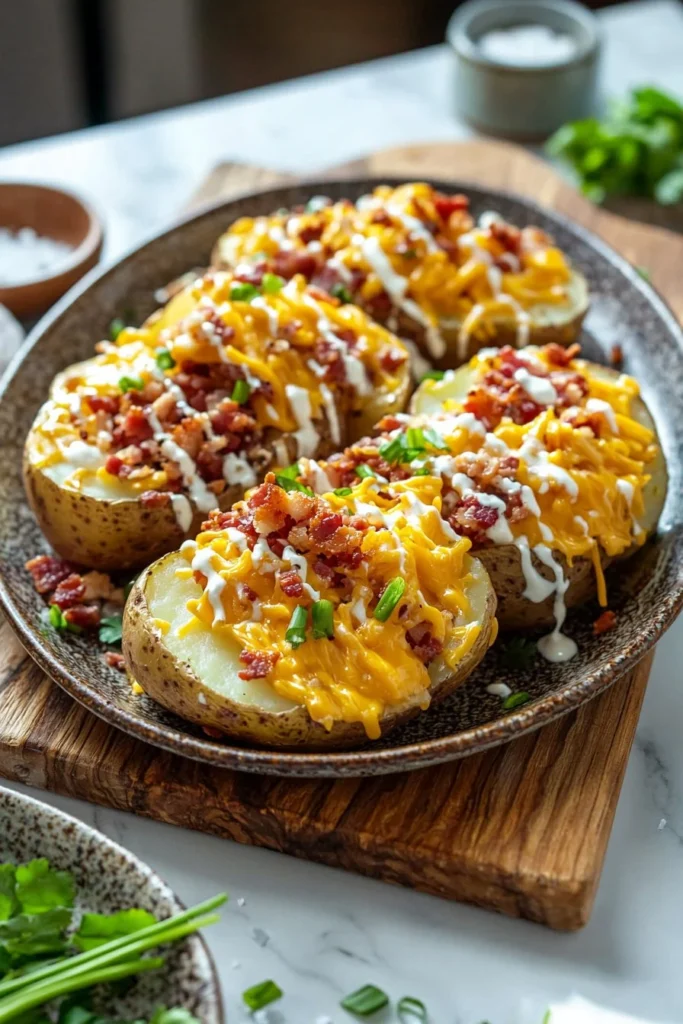 Twice-baked loaded breakfast potatoes topped with cheese and bacon