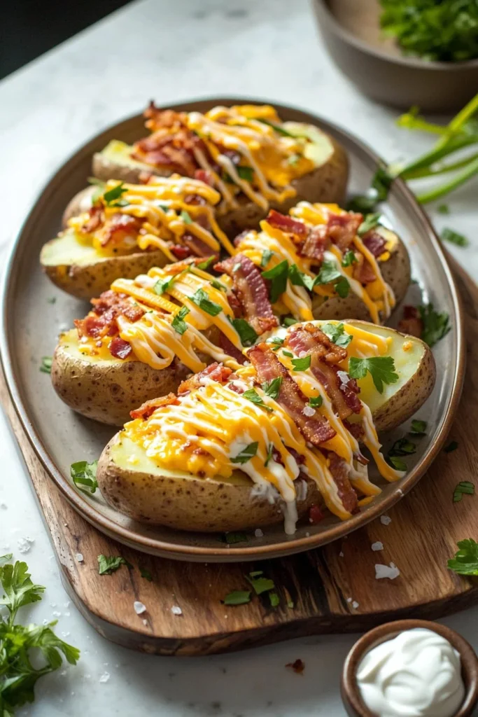 Twice Baked Loaded Breakfast Potatoes topped with cheese and bacon.