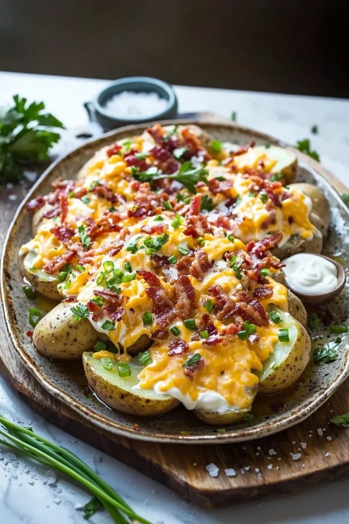 Twice Baked Loaded Breakfast Potatoes topped with cheese and herbs