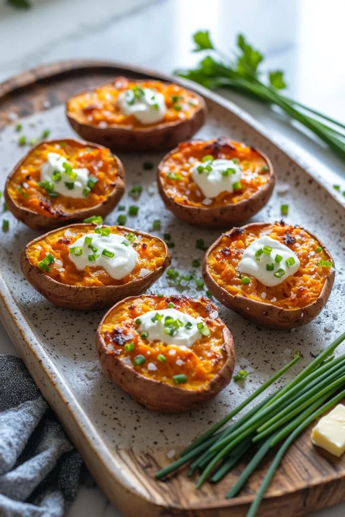 Delicious twice-baked sweet potatoes topped with herbs and spices